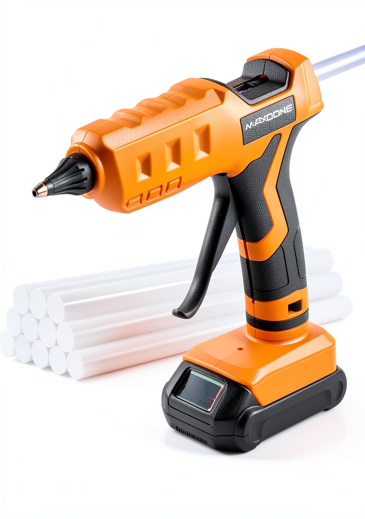 Professional using cordless glue gun on a wooden workbench