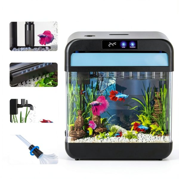 Fish Tank 2.2 Gallon Aquarium 7-Color Auto-Loop Light Black JPHYLL-2